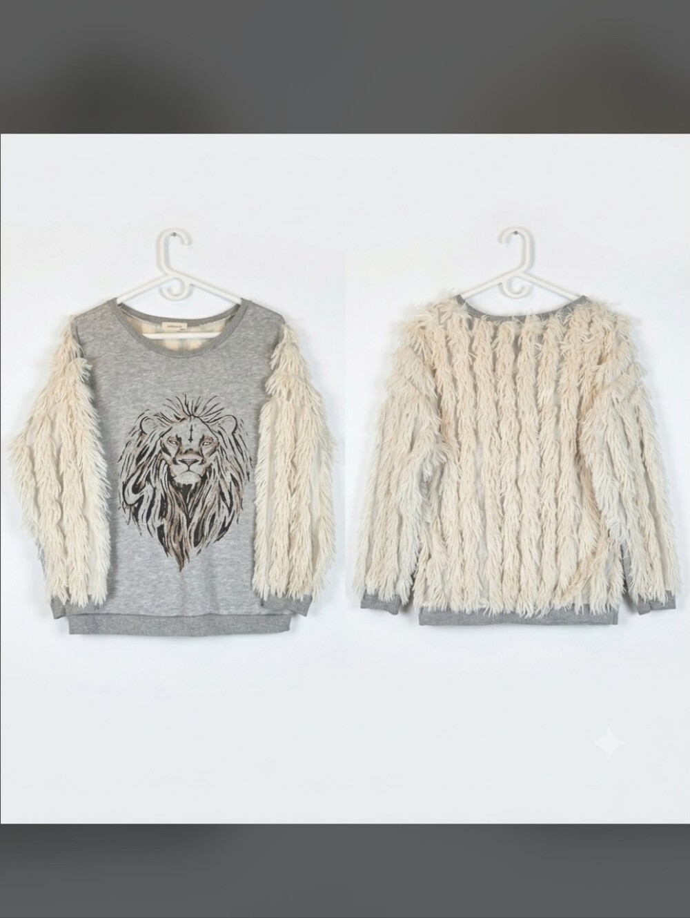 Novelty Lion's Mane Sweatshirt Graphic Print Fringe Grey Cream XL